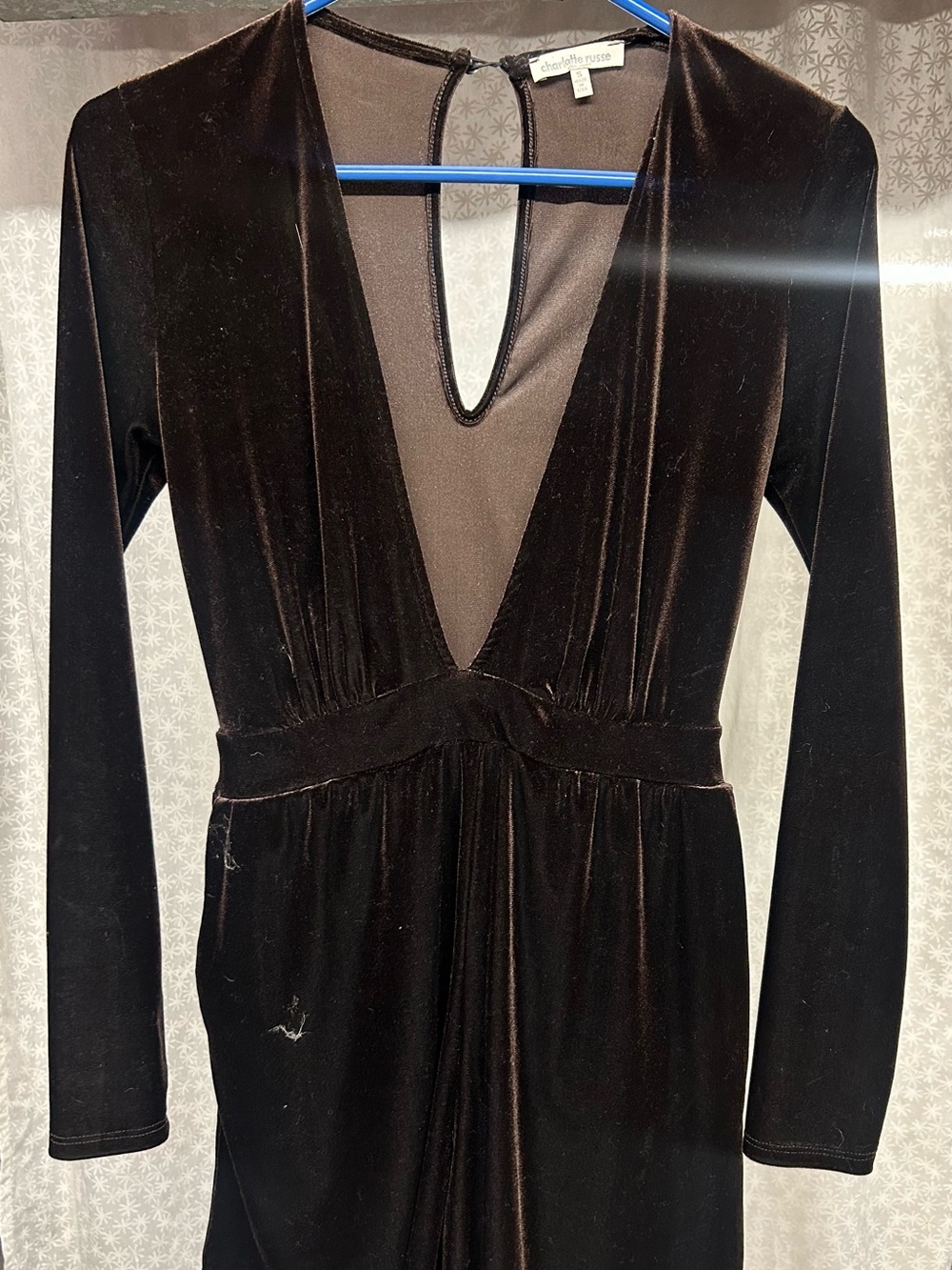 Charlotte Russe Black Velvet Deep V Long-Sleeve Dress